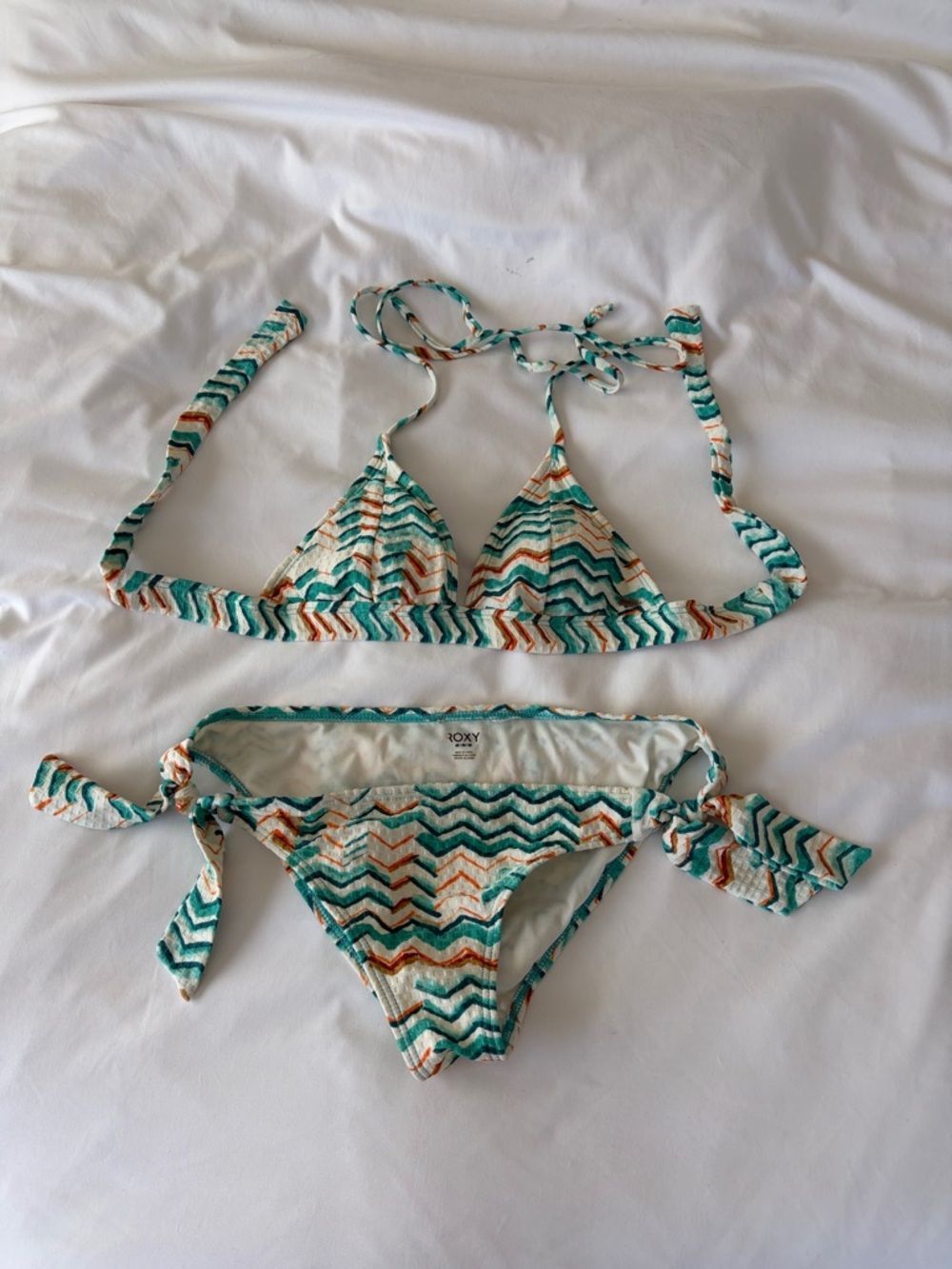 Roxy Chevron Tie-Side Triangle Bikini — Teal, White & Rust